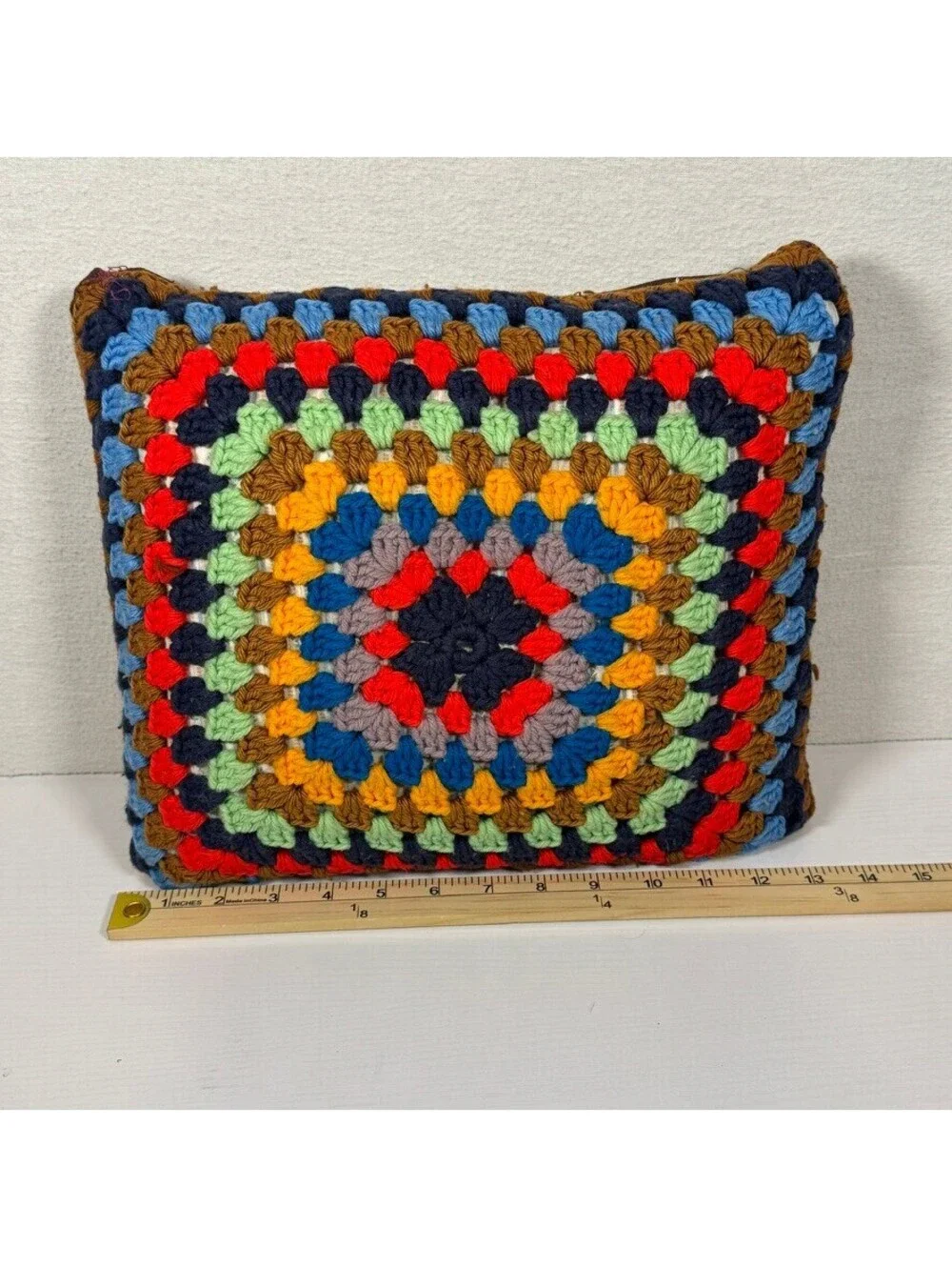 Handmade Multicolor Crochet Granny Square Pillow Brown Fabric Back 12x12 Inches